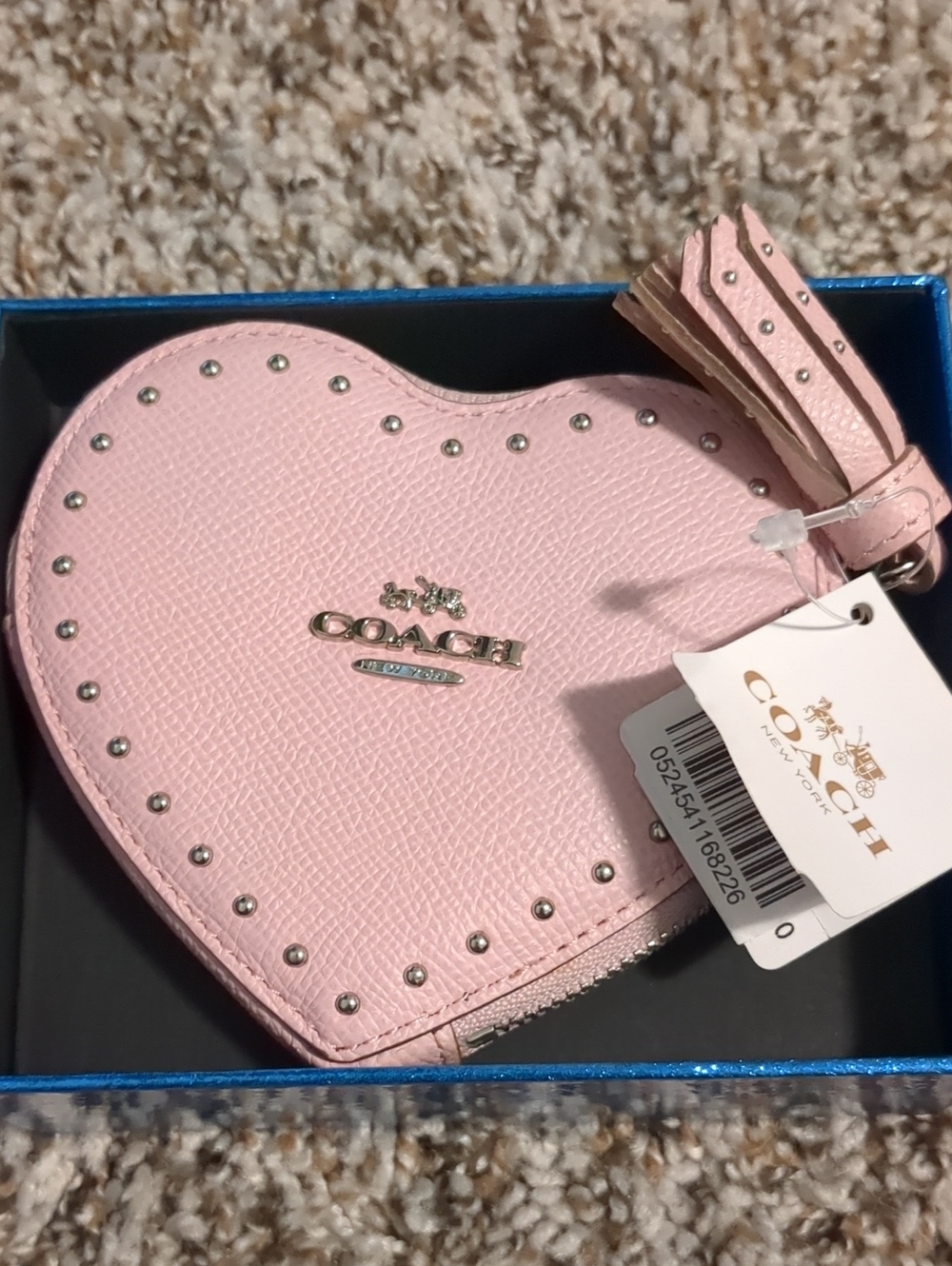 Coach Pink Heart Zip Card & Coin Holder with Stud Accents - Picture 1 of 3